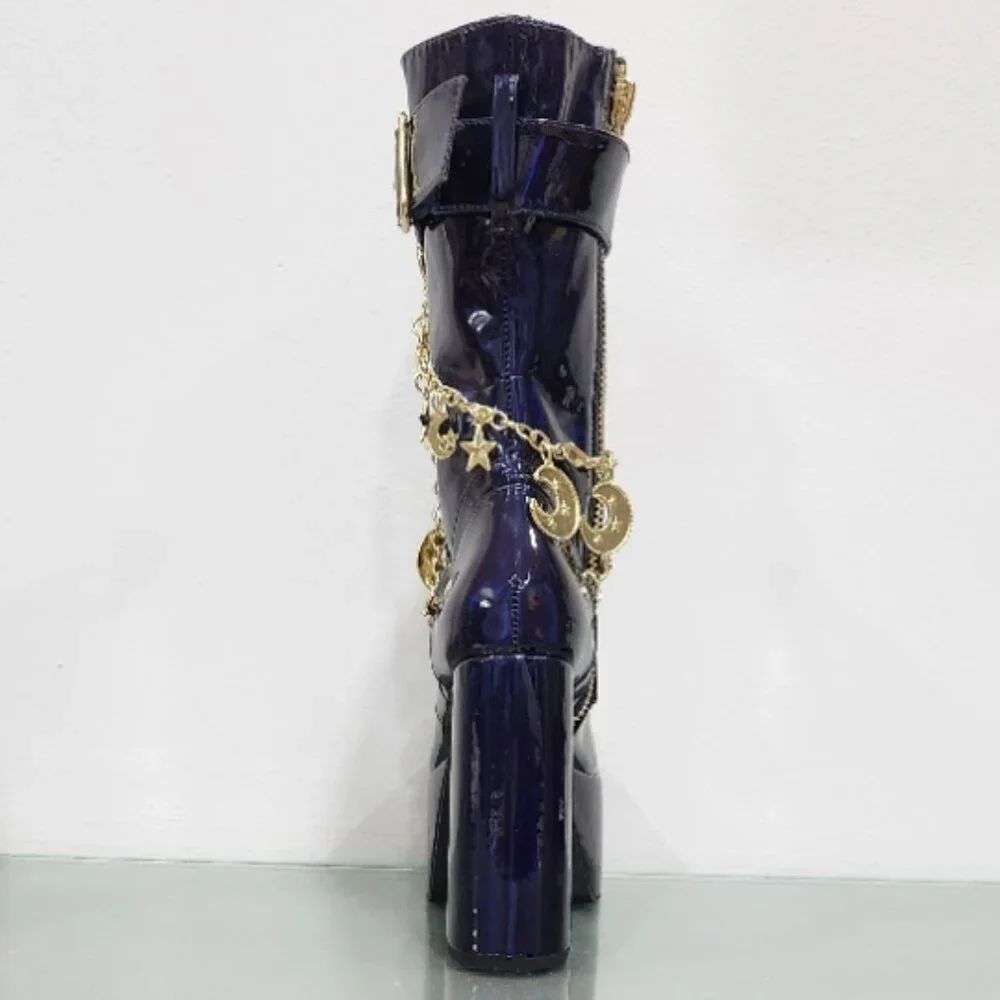 🦋🔥💋HOT ITEM! 💋🦋🔥Holographic Midnight Blue Moon & Star Chain Leather Boots